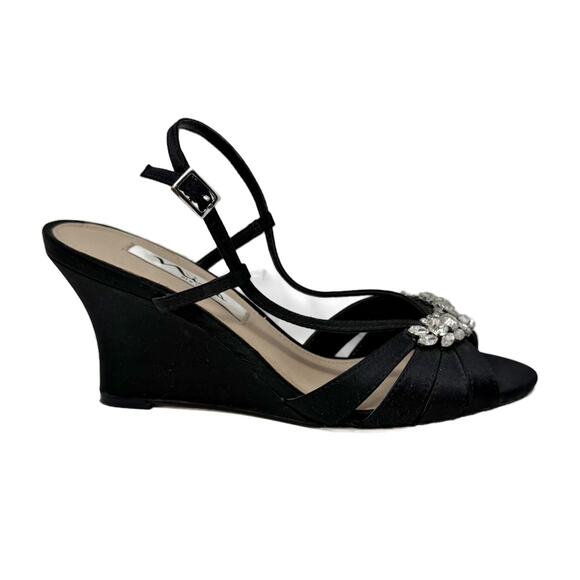 Nina Viani Evening Wedge Sandals Womens size 7 M Black Luster Satin + Rhinestone - Picture 6 of 16
